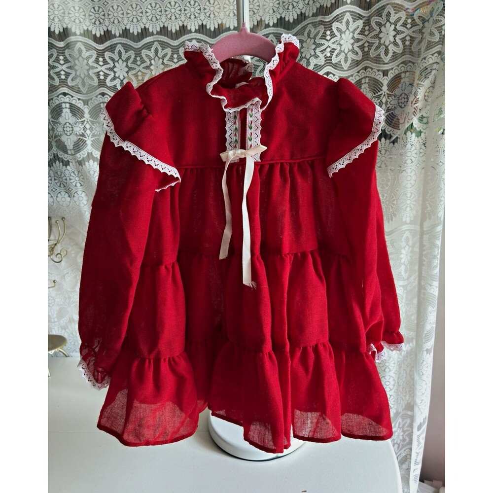 VTG Bryan Girls Fits 18-24m Red Dress Ruffles 70s 80s Christmas Holiday Tulips